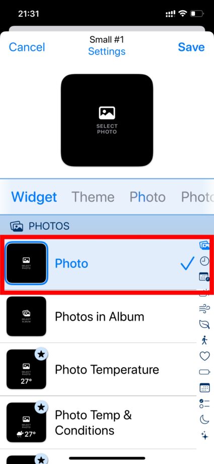 Widgetsmith 2.「Widget」タブの中にある「Photo」をタップします。の画像