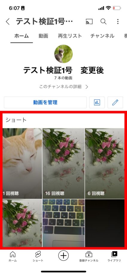 YouTube ショート動画はチャンネルのホーム画面にも表示されます。の画像