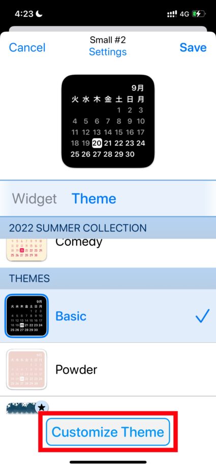 Widgetsmith 3.「Theme」タブの「Customize Theme」をタップします。の画像