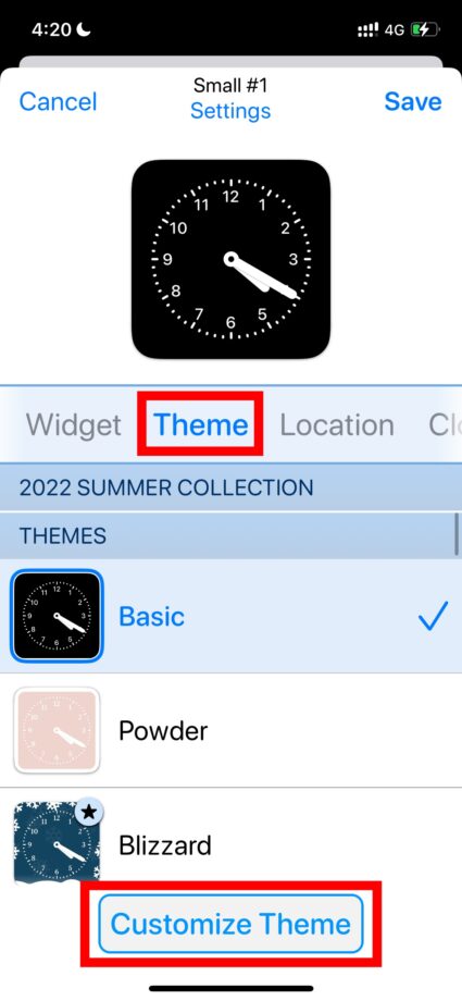 Widgetsmith 3.「Theme」タブの「Customize Theme」をタップします。の画像