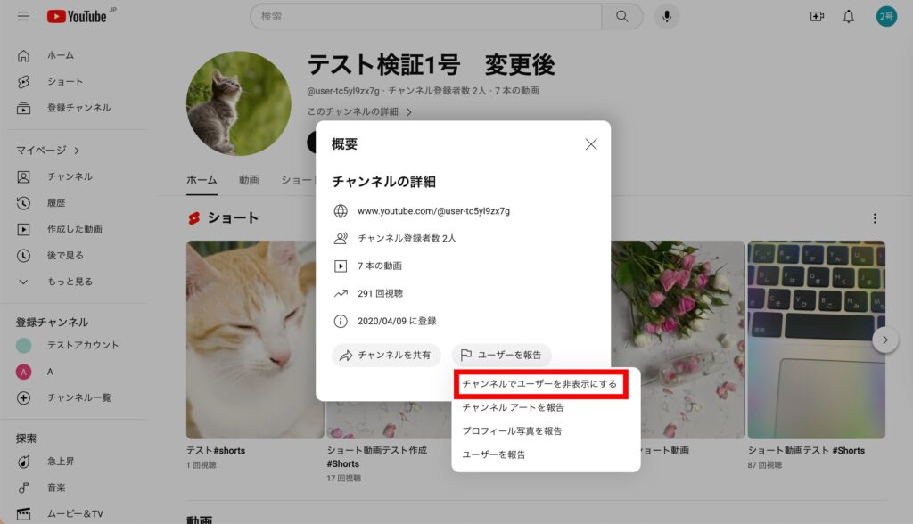 YouTube 3.「ユーザーを非表示にする」をタップしますの画像