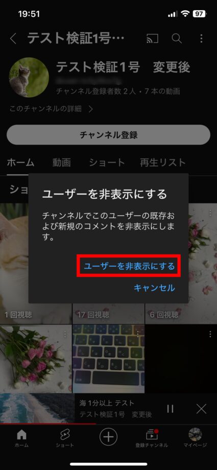 YouTube 3.確認メッセージが表示されますので、問題なければ「ユーザーを非表示にする」をタップしますの画像