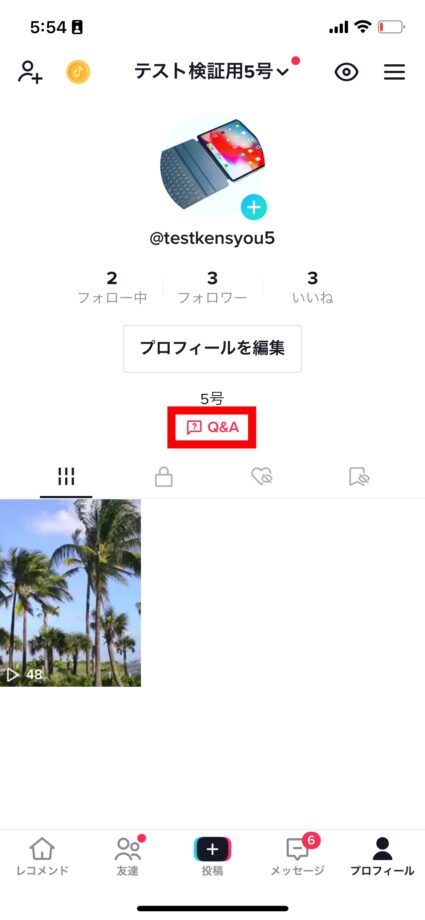 tiktok 設定後にプロフィールに行くと、「Q＆A」と表示がされますので確認をしてみてください。の画像