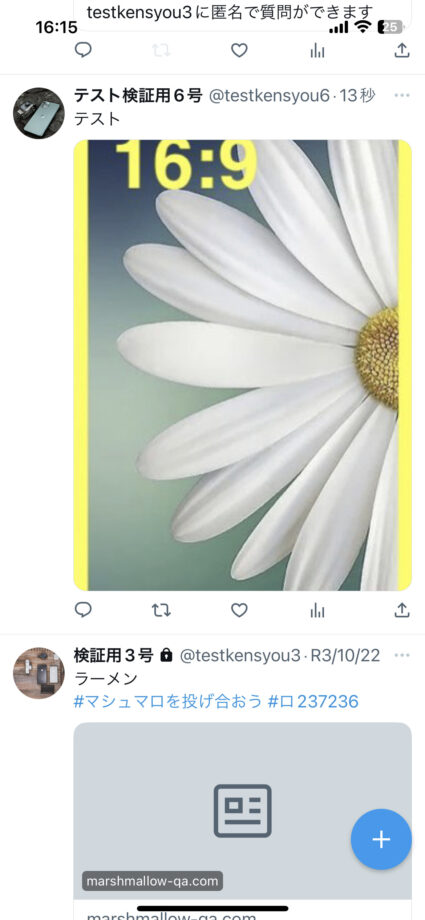 x　ポスト後、タイムラインの表示はこのようになっていました。の画像