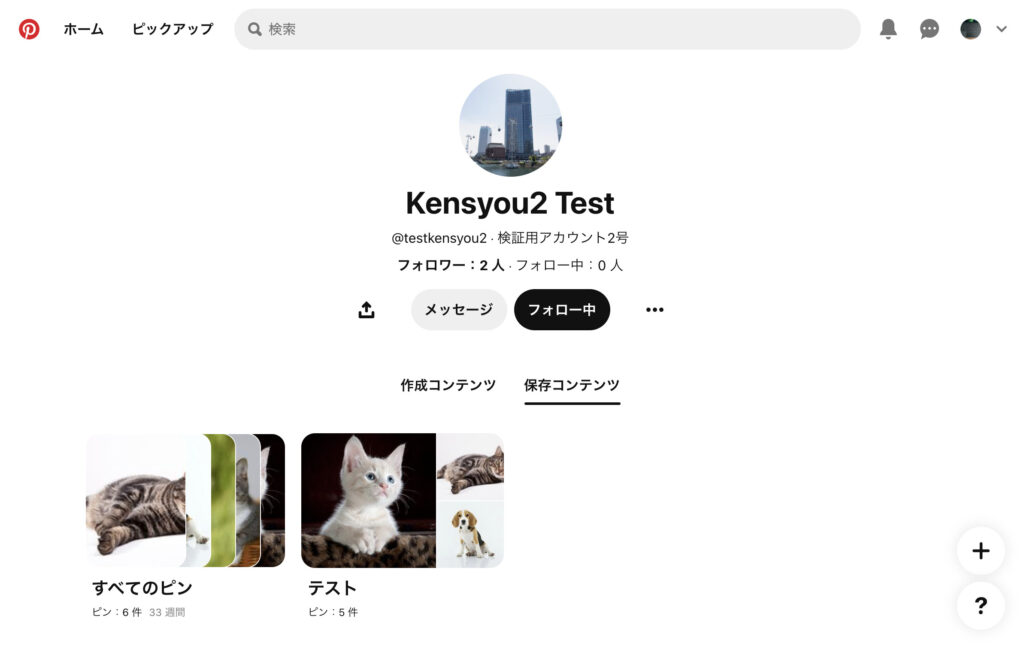 ピンタレ　アカウント「Kensyou2 Test」のプロフィール画面をスクショしました。の画像