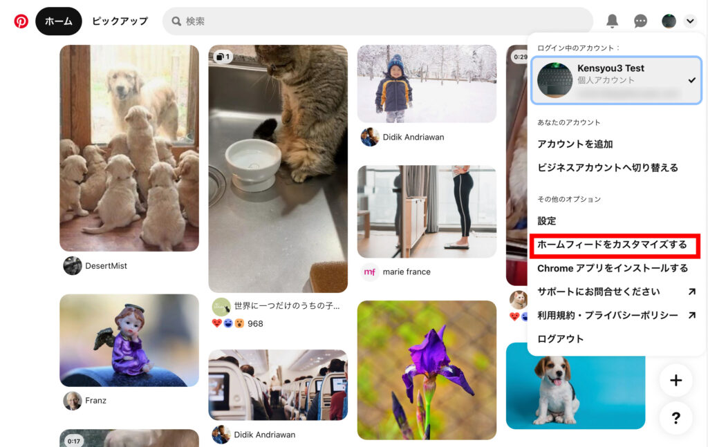 ピンタレ　2.メニューが開くので「ホームフィードをカスタマイズする」をクリックします。の画像