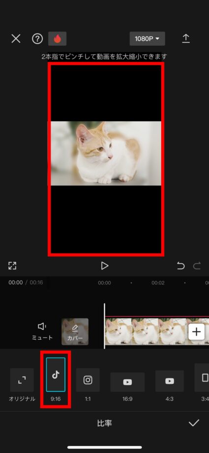 CapCut 3.変更したい比率を選んでタップしますの画像