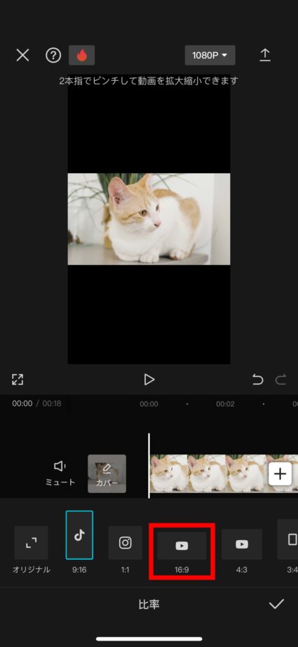 CapCut 3.「16:9」をタップしますの画像