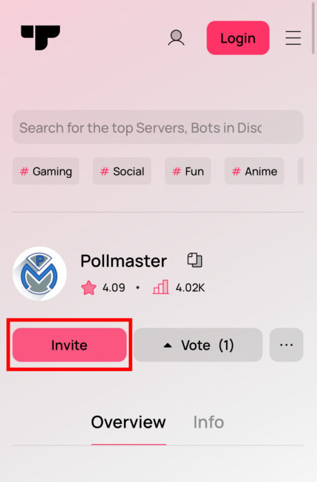 ディスコード　Pollmasterのページにアクセスし、Inviteを押します。の画像