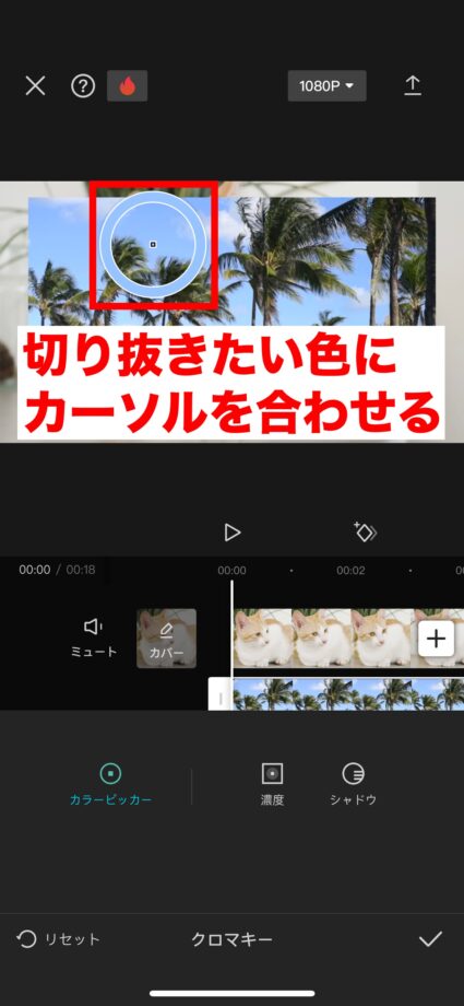 CapCut 6.動画に丸いカーソルが表示されるので、切り抜きたい色に合わせますの画像