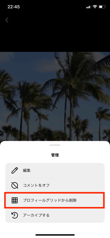 インスタで「プロフィールグリッドから削除」をタップします。の操作のスクリーンショット