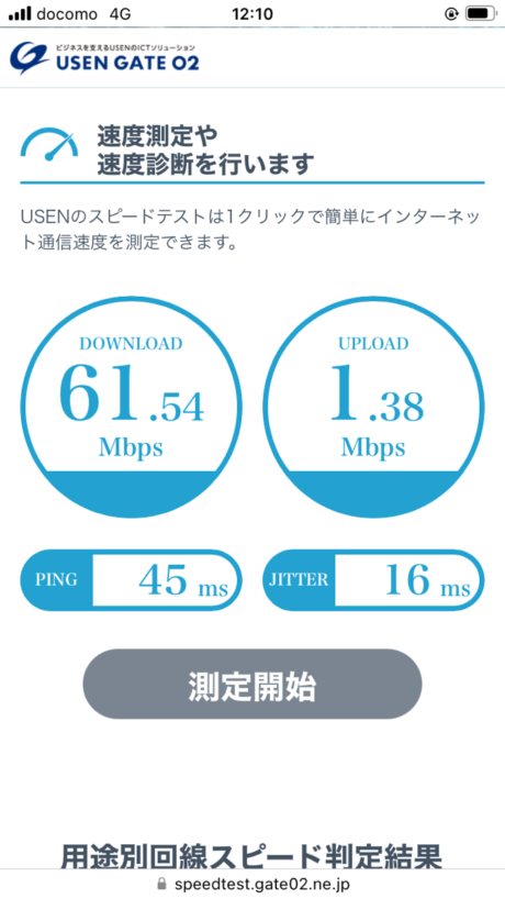 平日の12時台(昼休み時間帯)のahamoの通信速度の計測結果のスクリーンショット