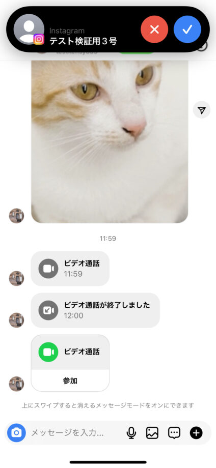 ダイナミックアイランドでインスタで音声通話が届いた際の表示