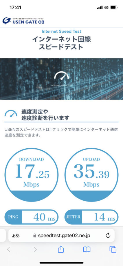 楽天モバイルの4Gを商業エリアでスピードテストした結果のスクリーンショット