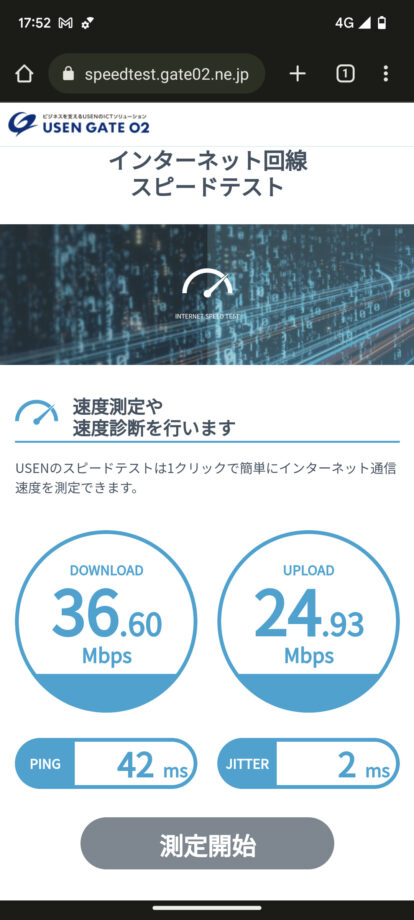 povo 2.0で中規模の商業エリアで平日夕方にスピードテストした結果のスクリーンショット