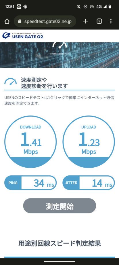 楽天モバイルの地下鉄でのスピードテスト結果の画面